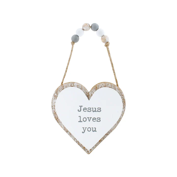 Jesus Loves 3D Hanging Heart w/ Beads