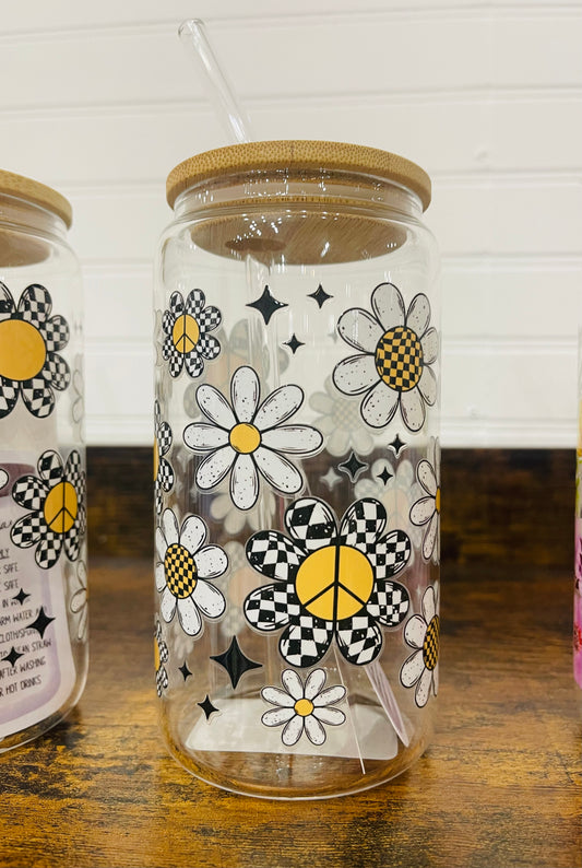 Checkered Daisies 16 oz. Glass Can