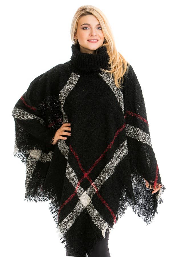 Plaid Distressed Blanket Turtleneck Poncho