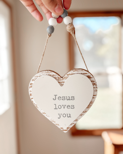 Jesus Loves 3D Hanging Heart w/ Beads