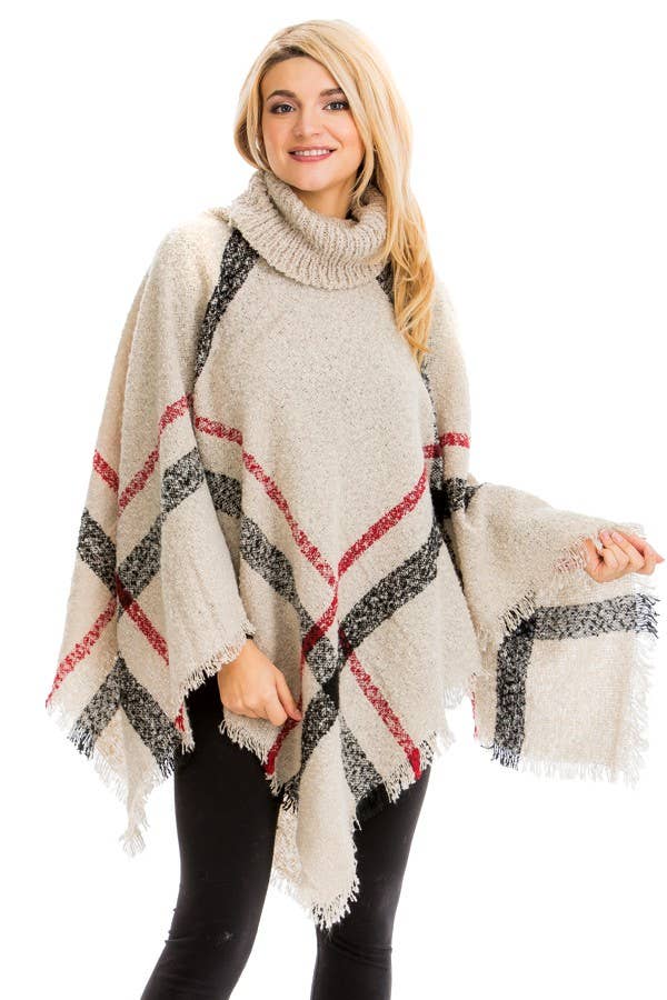 Plaid Distressed Blanket Turtleneck Poncho