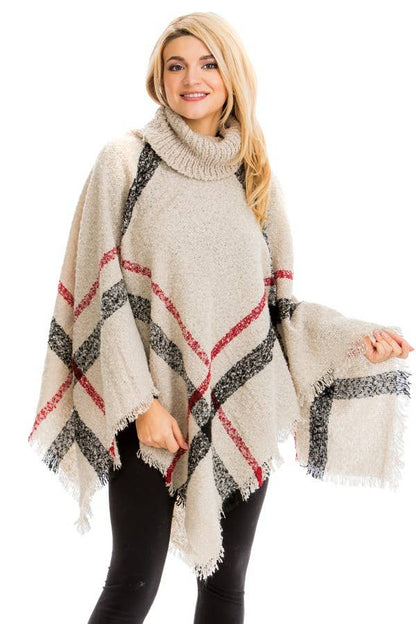 Plaid Distressed Blanket Turtleneck Poncho