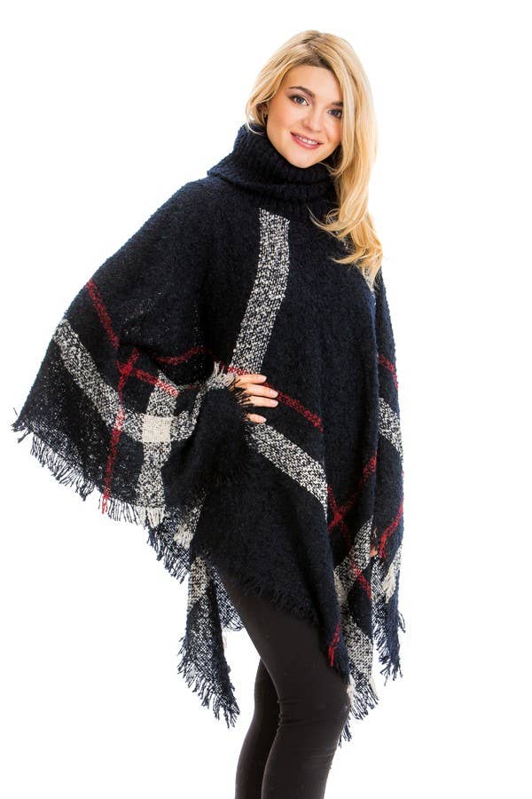 Plaid Distressed Blanket Turtleneck Poncho