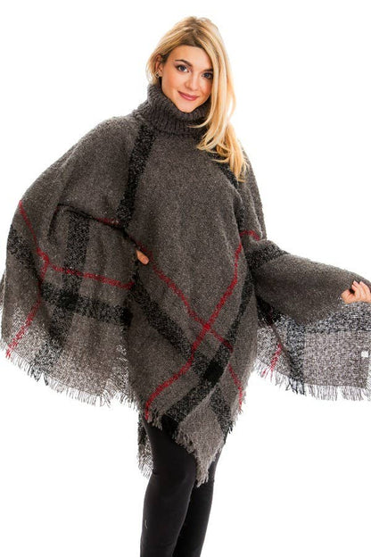 Plaid Distressed Blanket Turtleneck Poncho