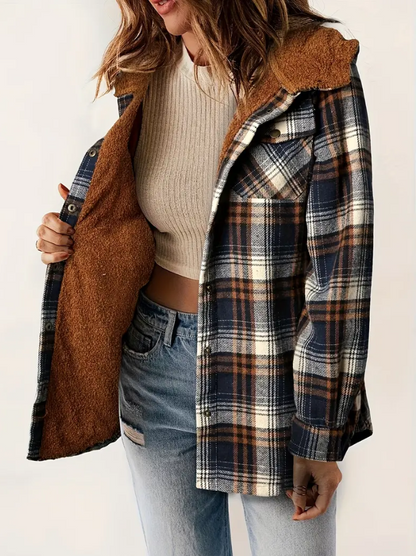 Women's Hooded Plaid Fleece Lined Jacket