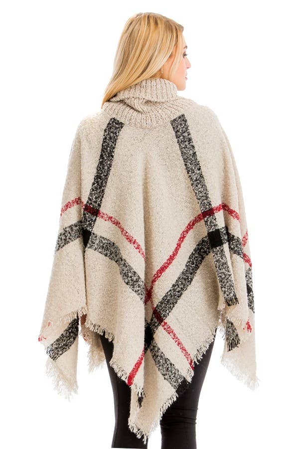 Plaid Distressed Blanket Turtleneck Poncho