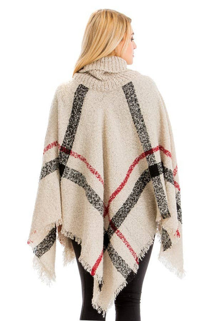 Plaid Distressed Blanket Turtleneck Poncho