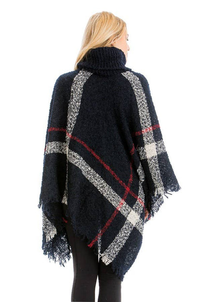 Plaid Distressed Blanket Turtleneck Poncho