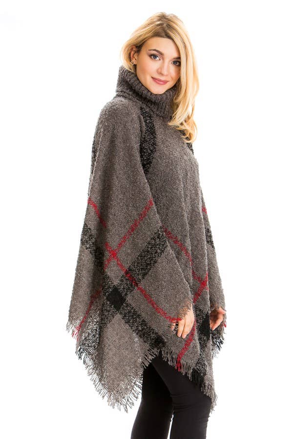 Plaid Distressed Blanket Turtleneck Poncho