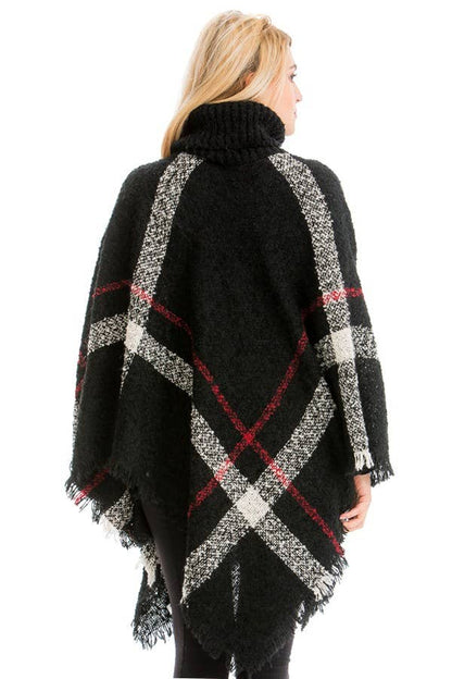 Plaid Distressed Blanket Turtleneck Poncho