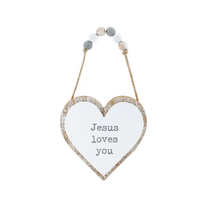 Jesus Loves 3D Hanging Heart w/ Beads