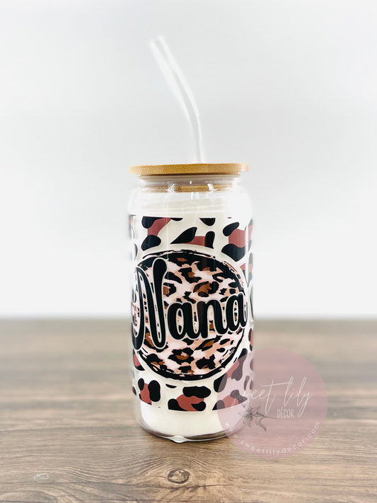 Leopard Nana 16 oz. Glass Can