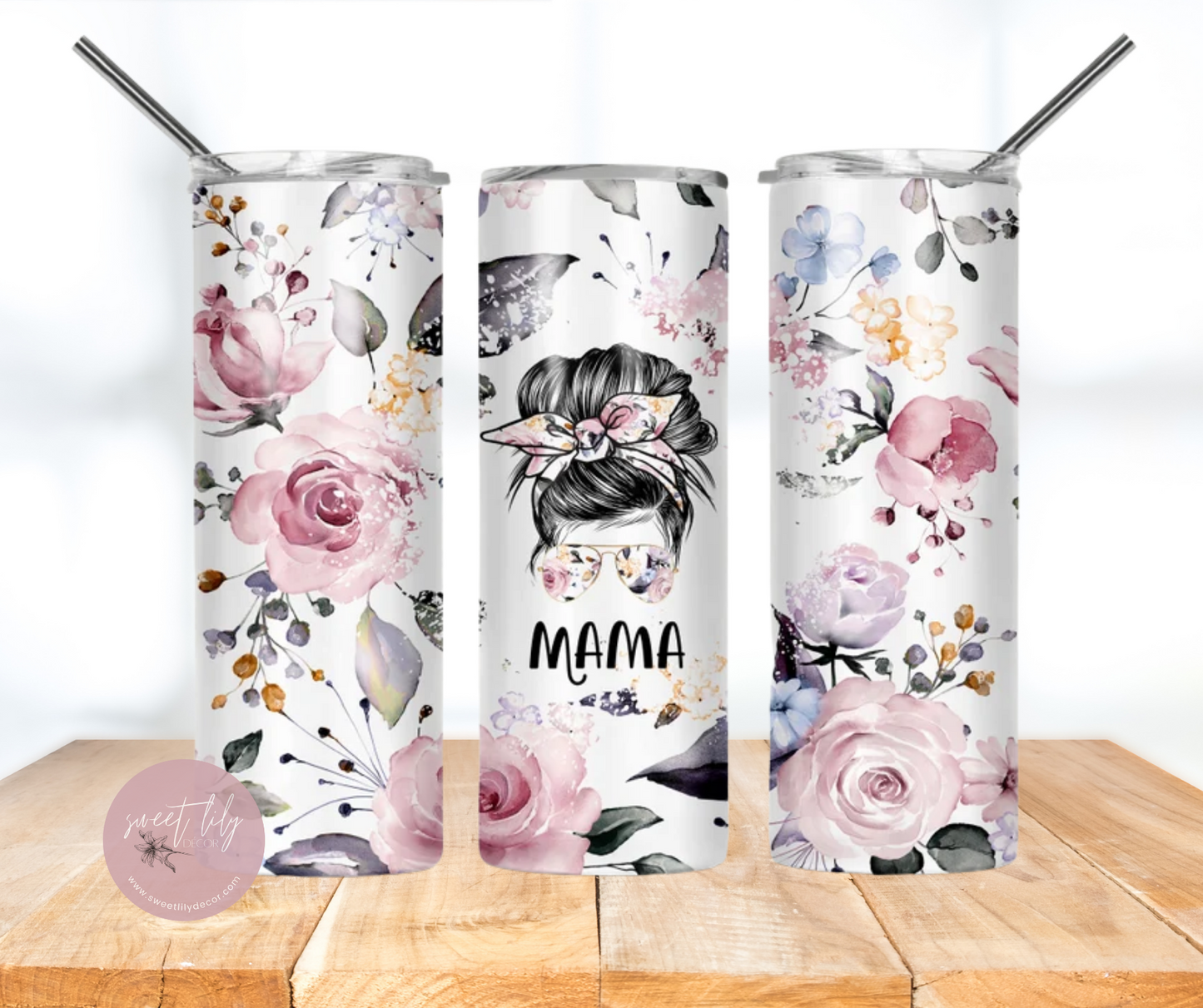 Floral Mom Bun 20 oz. Skinny Tumbler